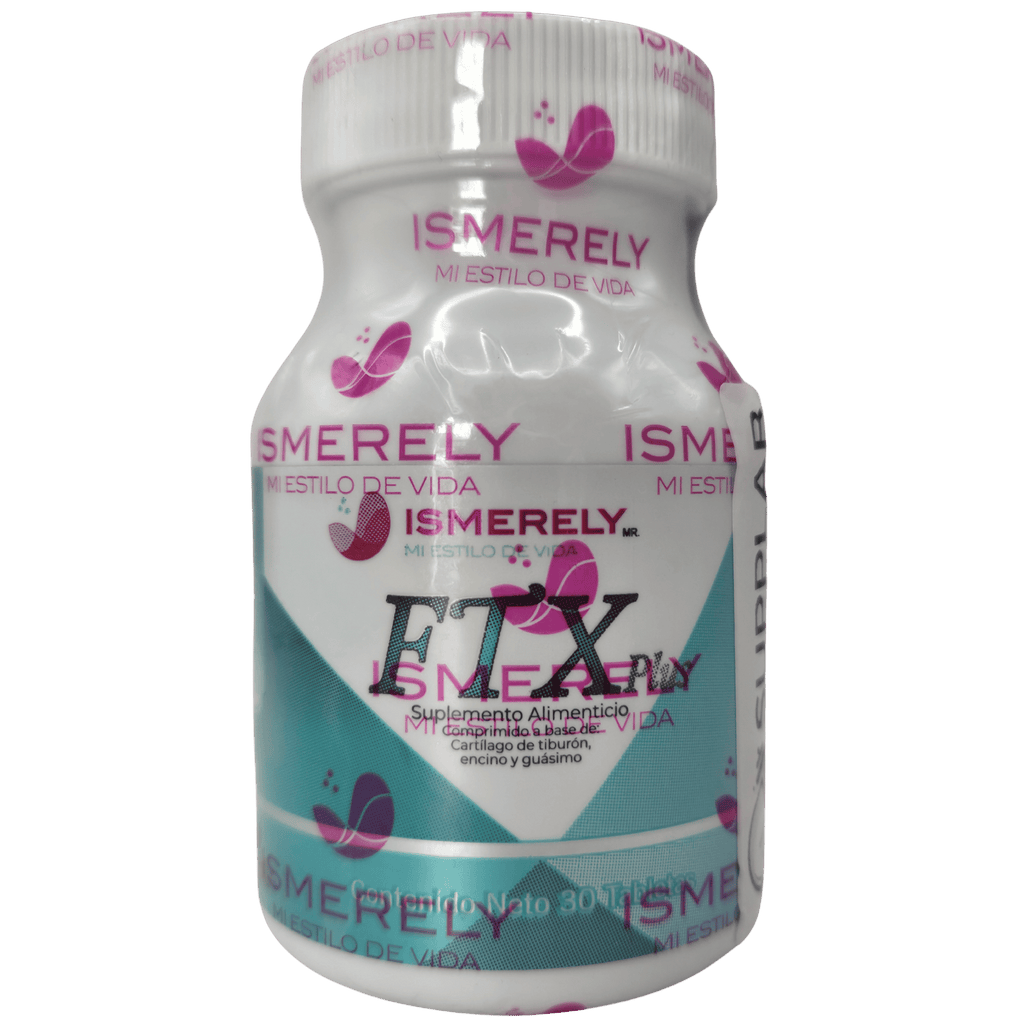 Frasco blanco de FTX Plus Ismerely con etiqueta turquesa, suplemento alimenticio en comprimidos