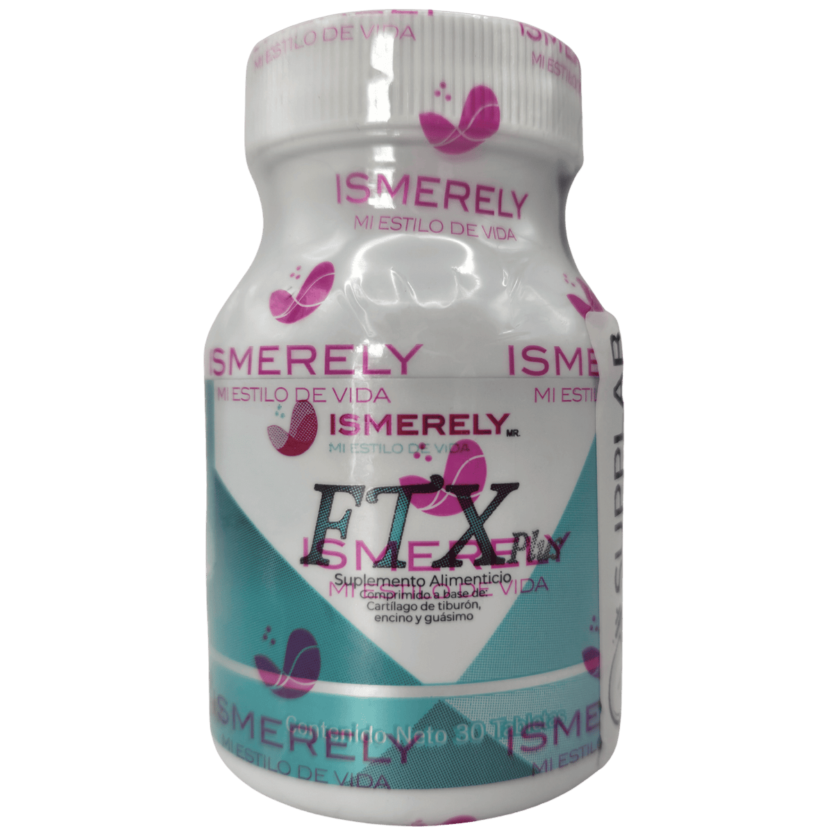 Frasco blanco de FTX Plus Ismerely con etiqueta turquesa, suplemento alimenticio en comprimidos