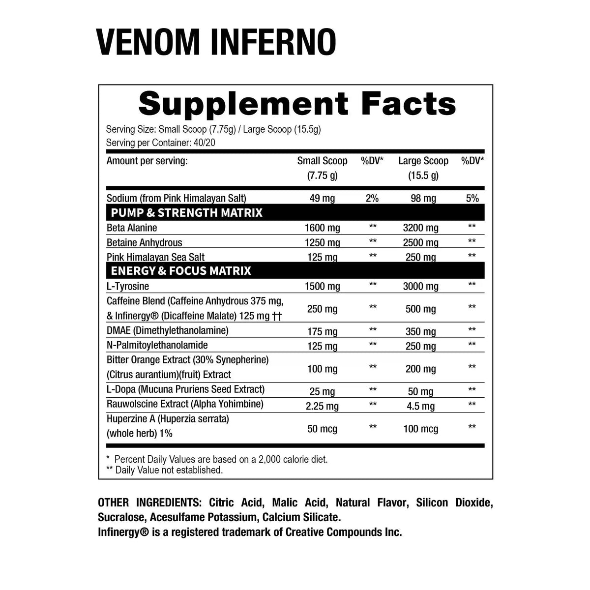 Dragon Pharma Venom Inferno, preentreno en polvo con 20 porciones completas o 40 medias porciones tabla nutricional