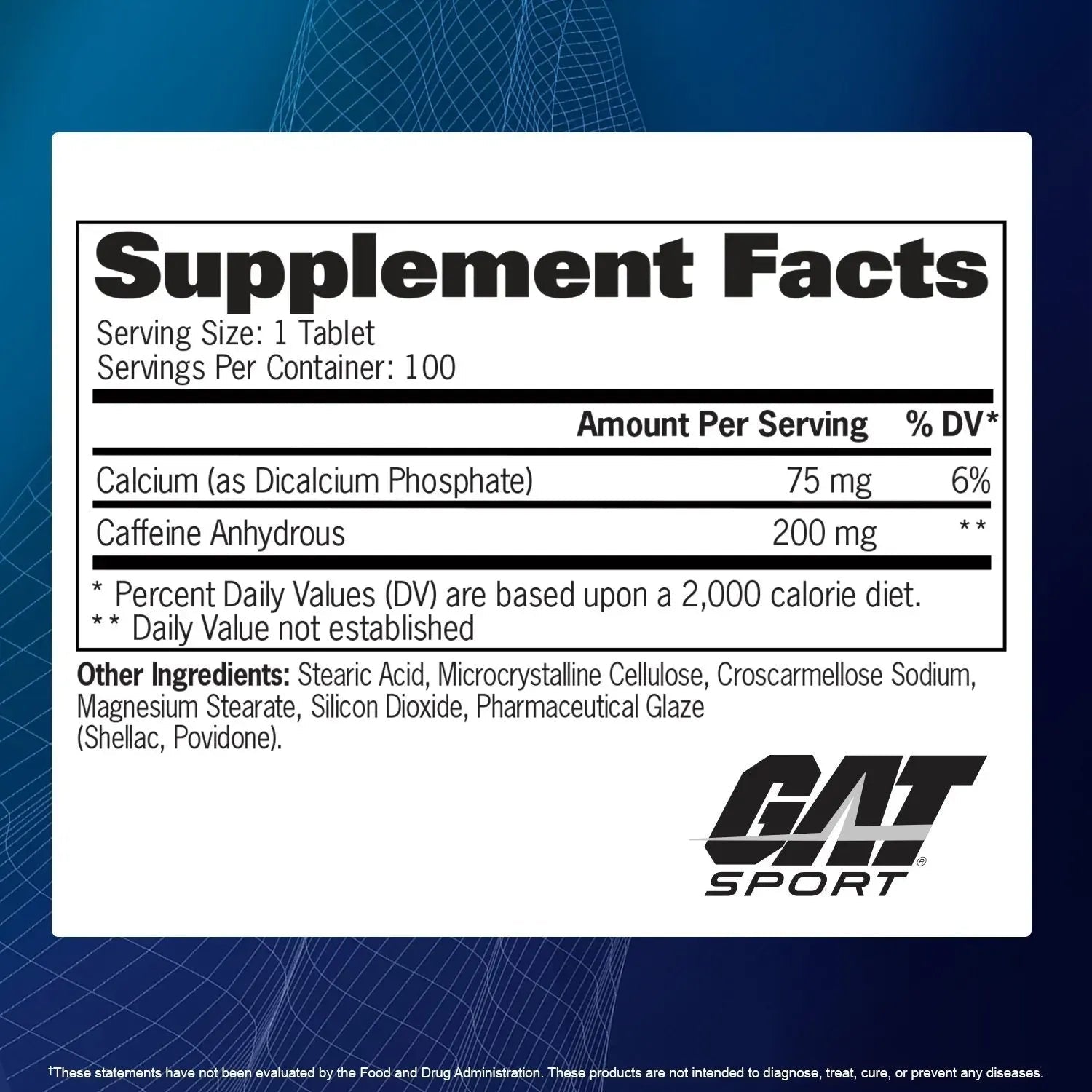 CAFFEINE 200MG 100 TABS | GAT SPORT
