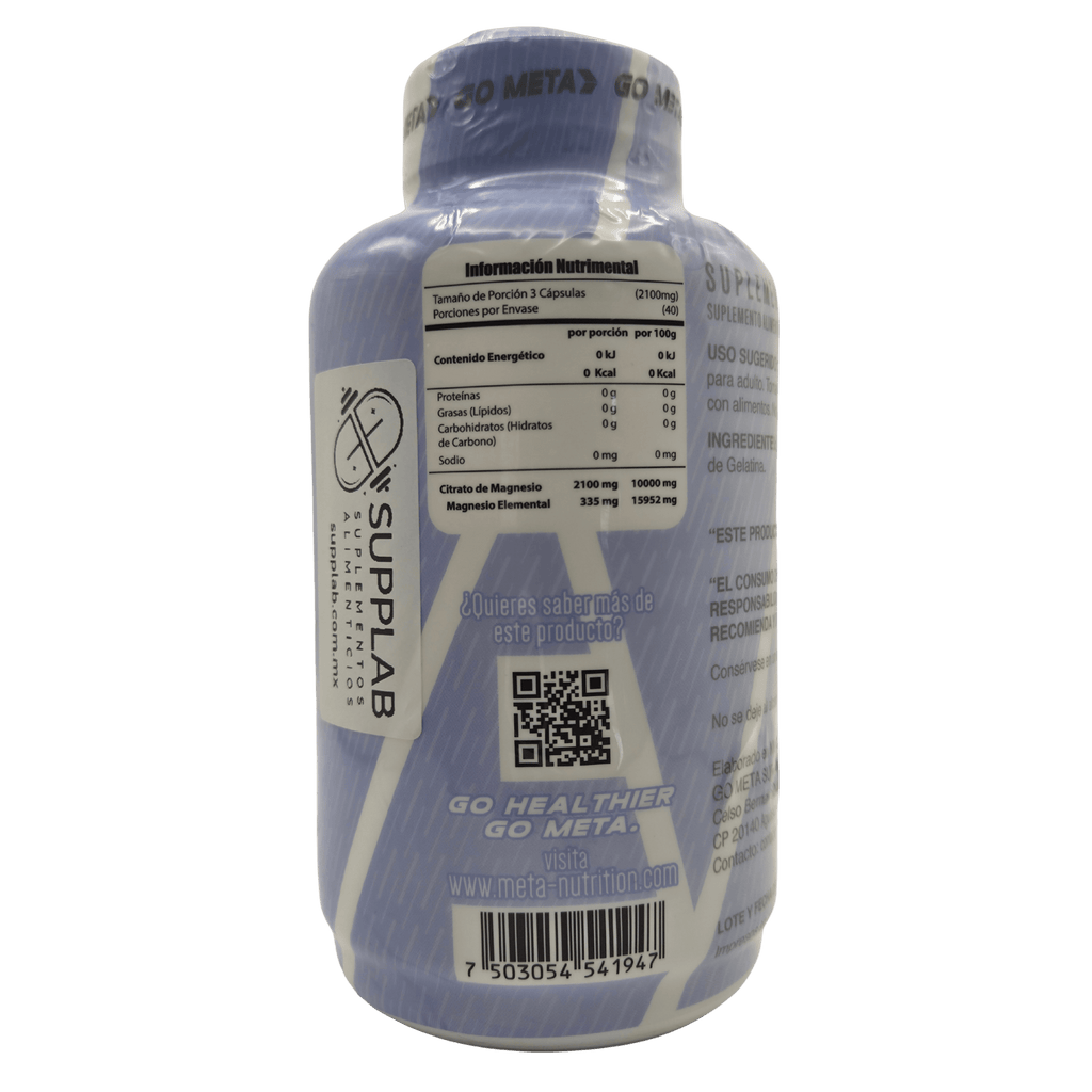 CITRATO DE MAGNESIO META NUTRITION - 120 CÁPSULAS - BIODISPONIBILIDAD Y BIENESTAR - Supplab MX