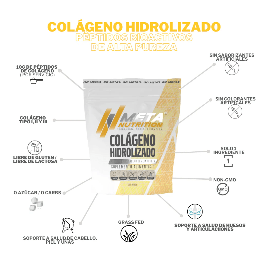 COLÁGENO HIDROLIZADO PURO META NUTRITION | PÉPTIDOS DE COLÁGENO SIN SABOR - Supplab MX