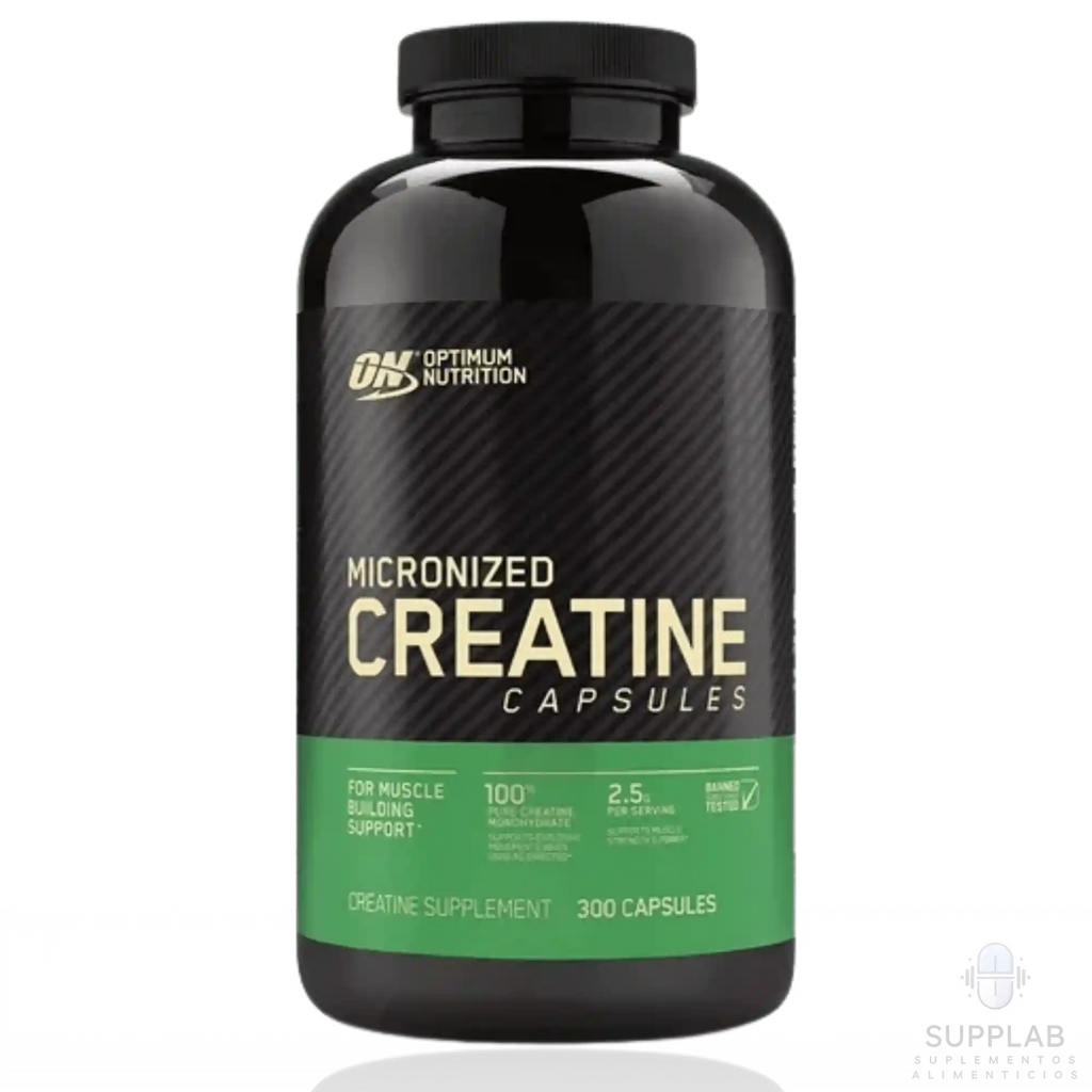 Optimum Nutrition Micronized Creatine, creatina monohidratada micronizada en presentación de 300 cápsulas frente