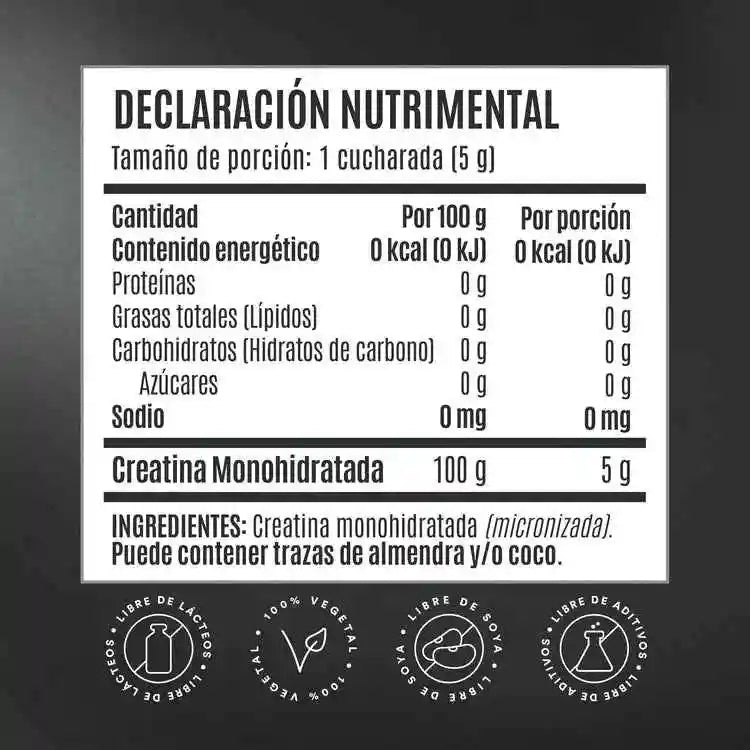 Creatina monohidratada Birdman de 450 g en polvo micronizado, 90 servicios tabla nutricional