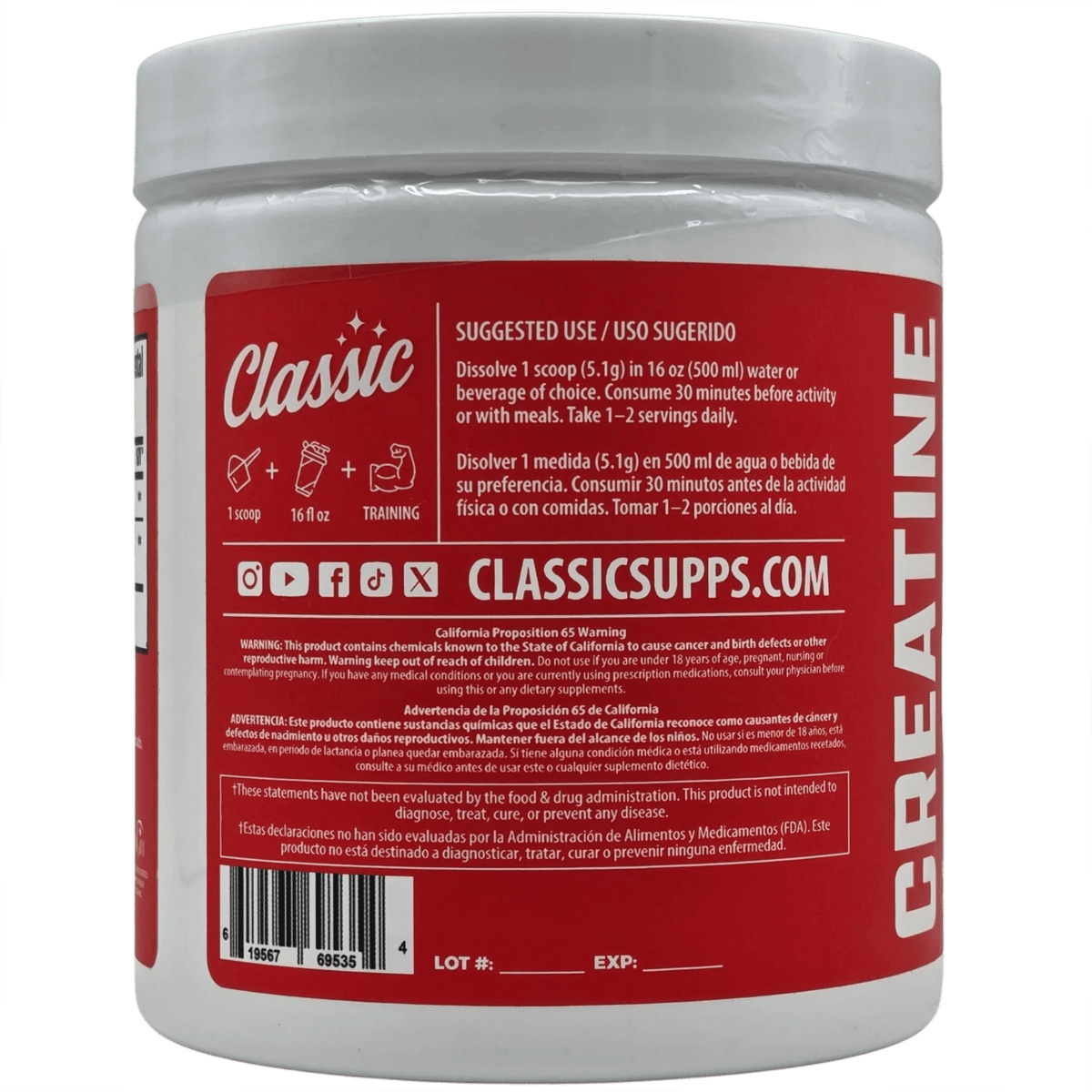 Creatina Monohidratada Classic Supps 306 g – 60 Servicios - Supplab MX