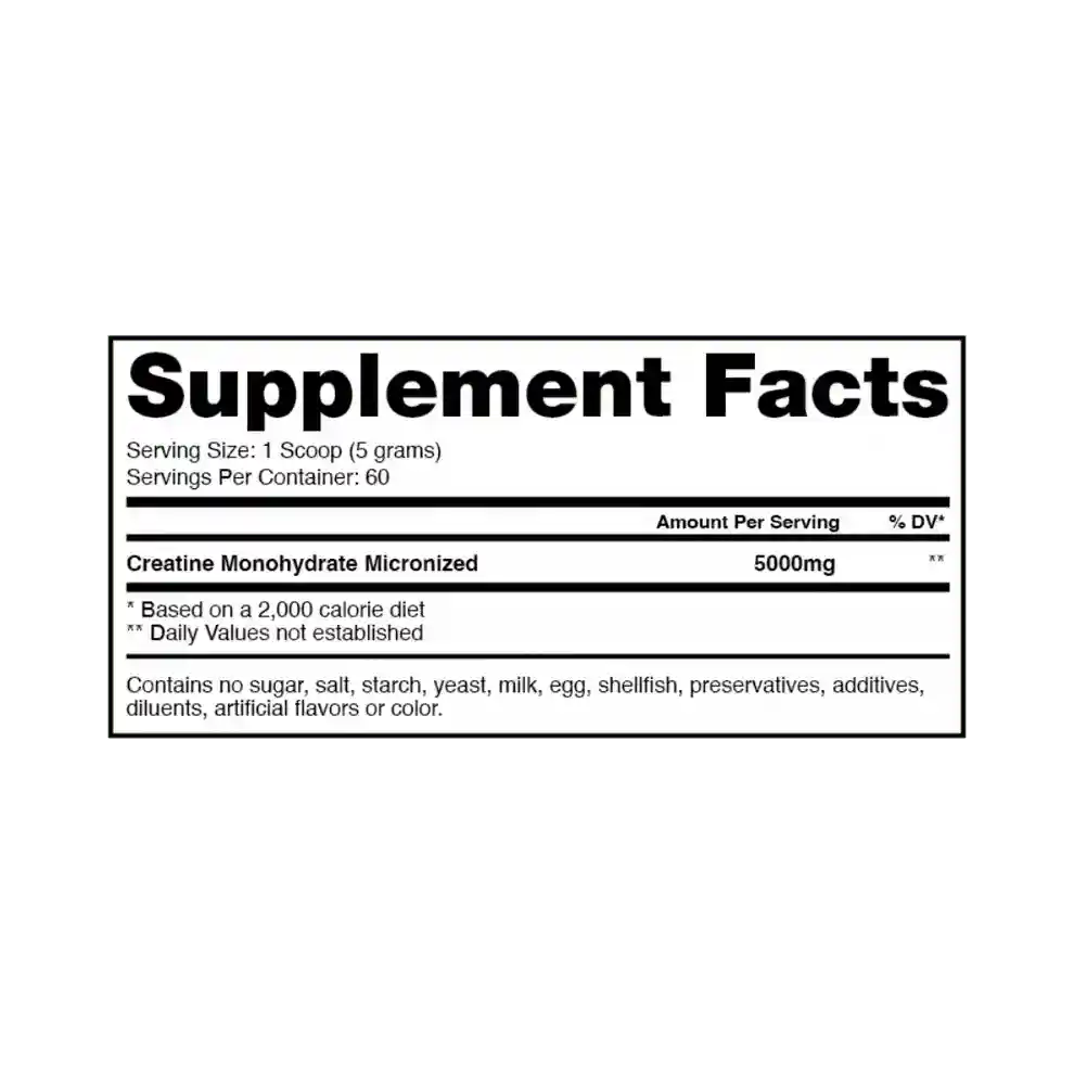 Dragon Pharma Creatine Monohydrate, suplemento de creatina monohidratada en polvo tabla nutricional