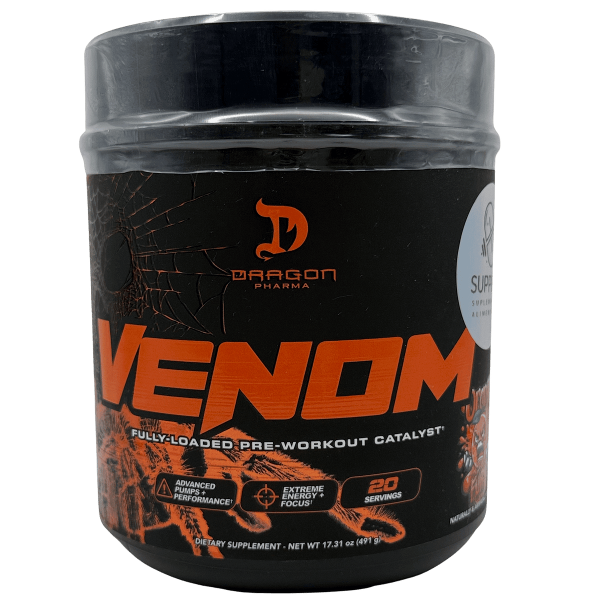 Dragon Pharma Venom Fully Loaded, preentreno en polvo en presentación de 20 servicios orange fury